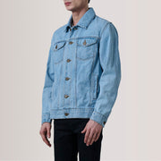 
Conard Light ブルー Denim Trucker レザージャケット メンズ For Men - 袖の立体カッティングと洗練されたテーパードフィットを見せる側面ビュー