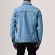 
クローズアップ詳細 of Classic Collar & Heavy-Duty Zipper Hardware on Conard Light ブルー Denim Trucker レザージャケット メンズ For Men