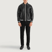 Cooper ブラック Leather Varsity レザージャケット メンズ - Lateral Side Profile View Showing Sleeve Cut &amp; Athletic Taper Fit