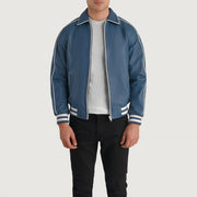 Cooper ブルー Leather Varsity レザージャケット メンズ in Blue Sheepskin Leather - Front Profile View &amp; Tailored Silhouette | Buy Online