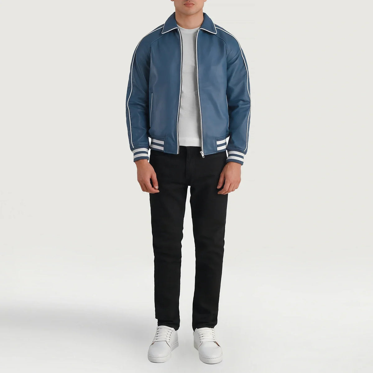 Cooper ブルー Leather Varsity レザージャケット メンズ - Lateral Side Profile View Showing Sleeve Cut &amp; Athletic Taper Fit