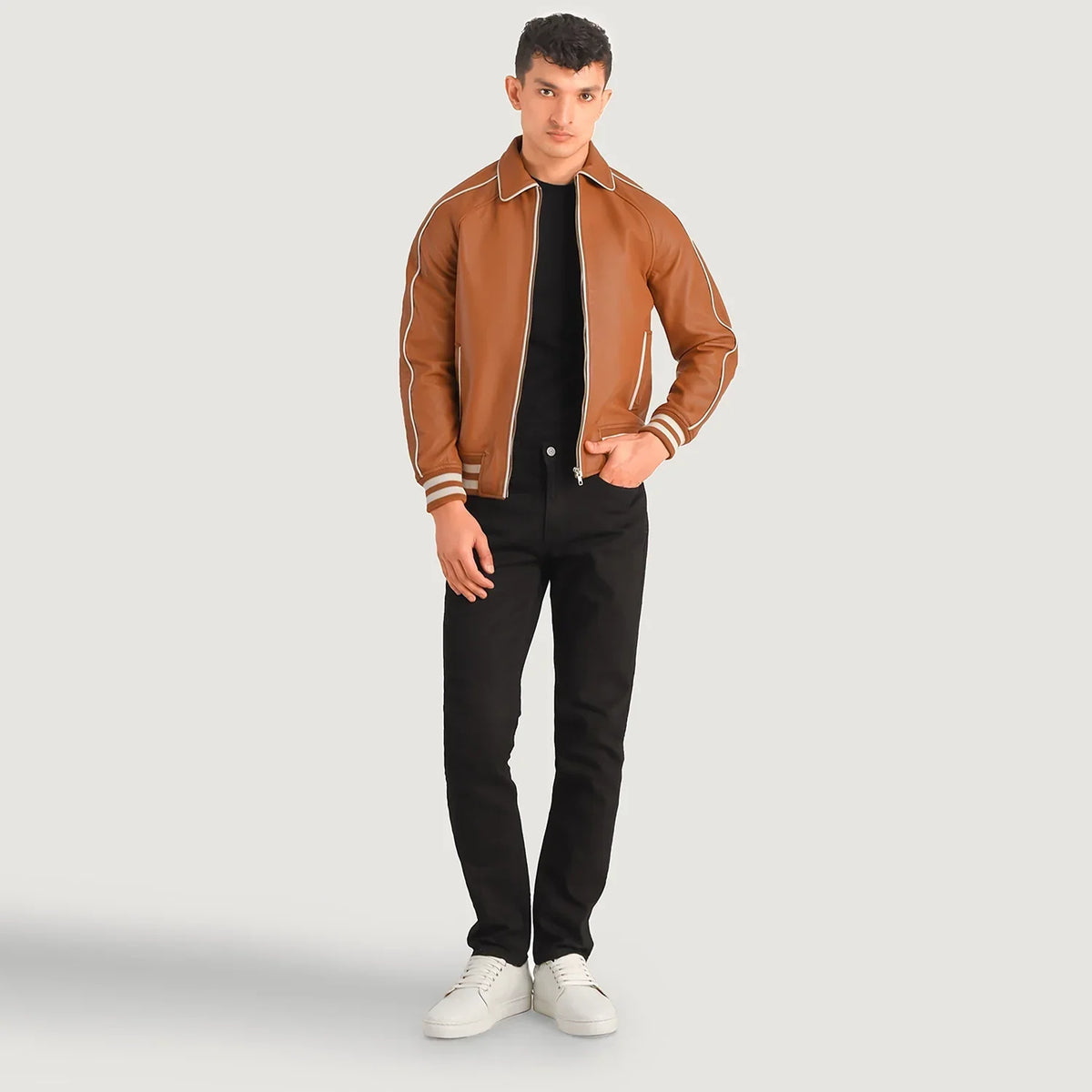 Cooper タン ブラウン Leather Varsity レザージャケット メンズ in Tan Brown Sheepskin Leather - Front Profile View &amp; Tailored Silhouette | Buy Online
