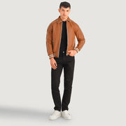 Cooper タン ブラウン Leather Varsity レザージャケット メンズ in Tan Brown Sheepskin Leather - Front Profile View &amp; Tailored Silhouette | Buy Online