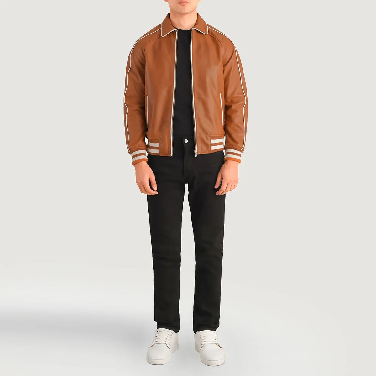 Cooper タン ブラウン Leather Varsity レザージャケット メンズ - Lateral Side Profile View Showing Sleeve Cut &amp; Athletic Taper Fit