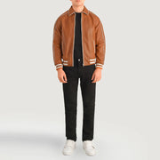 Cooper タン ブラウン Leather Varsity レザージャケット メンズ - Lateral Side Profile View Showing Sleeve Cut &amp; Athletic Taper Fit