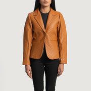 Women's Cora キルティング ブラウン レザーテーラードブレザー レディース in Brown Sheepskin Leather - Front Profile View &amp; Tailored Silhouette | Buy Online