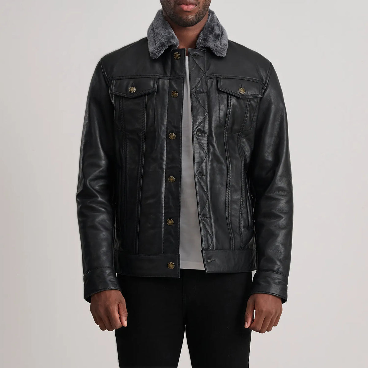 Dallis ブラック Leather Shearling Trucker レザージャケット メンズ in Black Sheepskin Leather - Front Profile View &amp; Tailored Silhouette | Buy Online