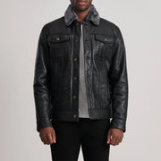 Dallis ブラック Leather Shearling Trucker レザージャケット メンズ in Black Sheepskin Leather - Front Profile View &amp; Tailored Silhouette | Buy Online