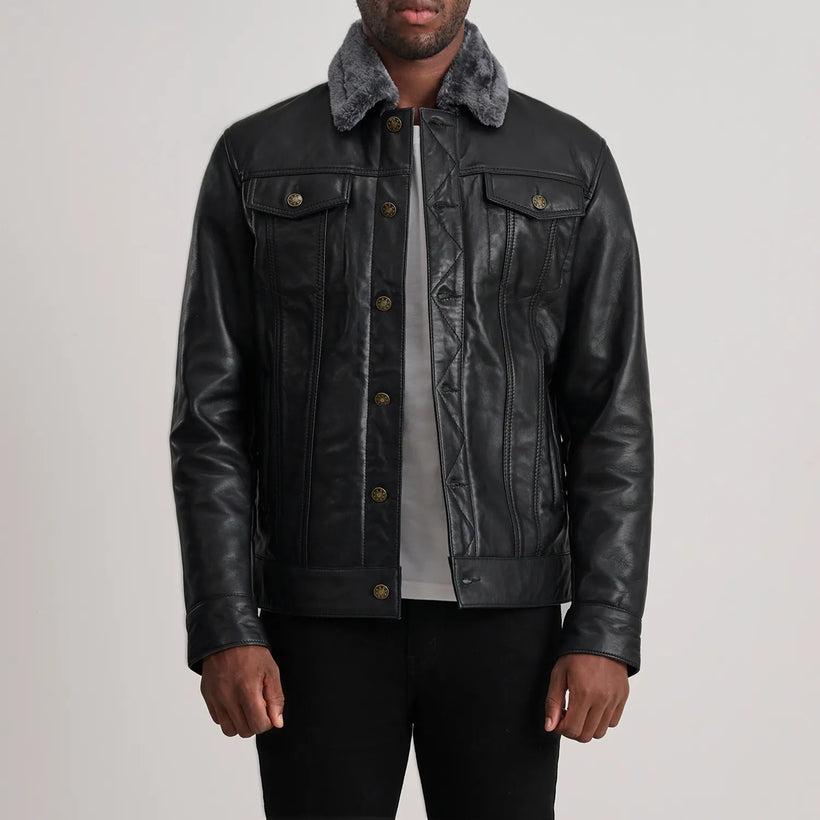 Dallis ブラック Leather Shearling Trucker レザージャケット メンズ
