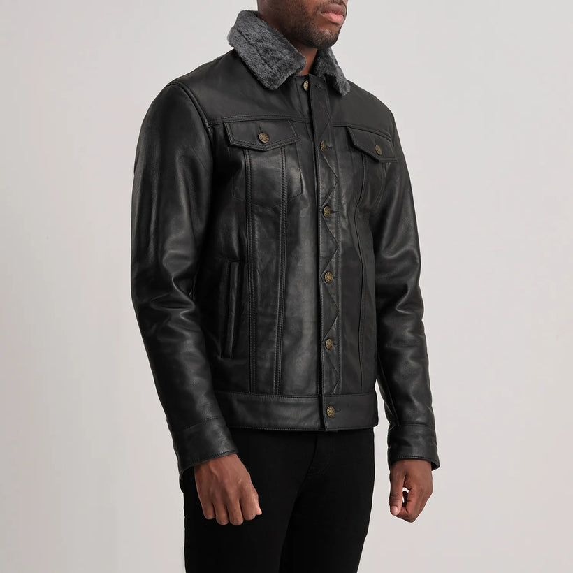 Dallis ブラック Leather Shearling Trucker レザージャケット メンズ