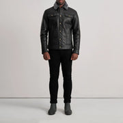 Dallis ブラック Leather Shearling Trucker レザージャケット メンズ - Lateral Side Profile View Showing Sleeve Cut &amp; Athletic Taper Fit