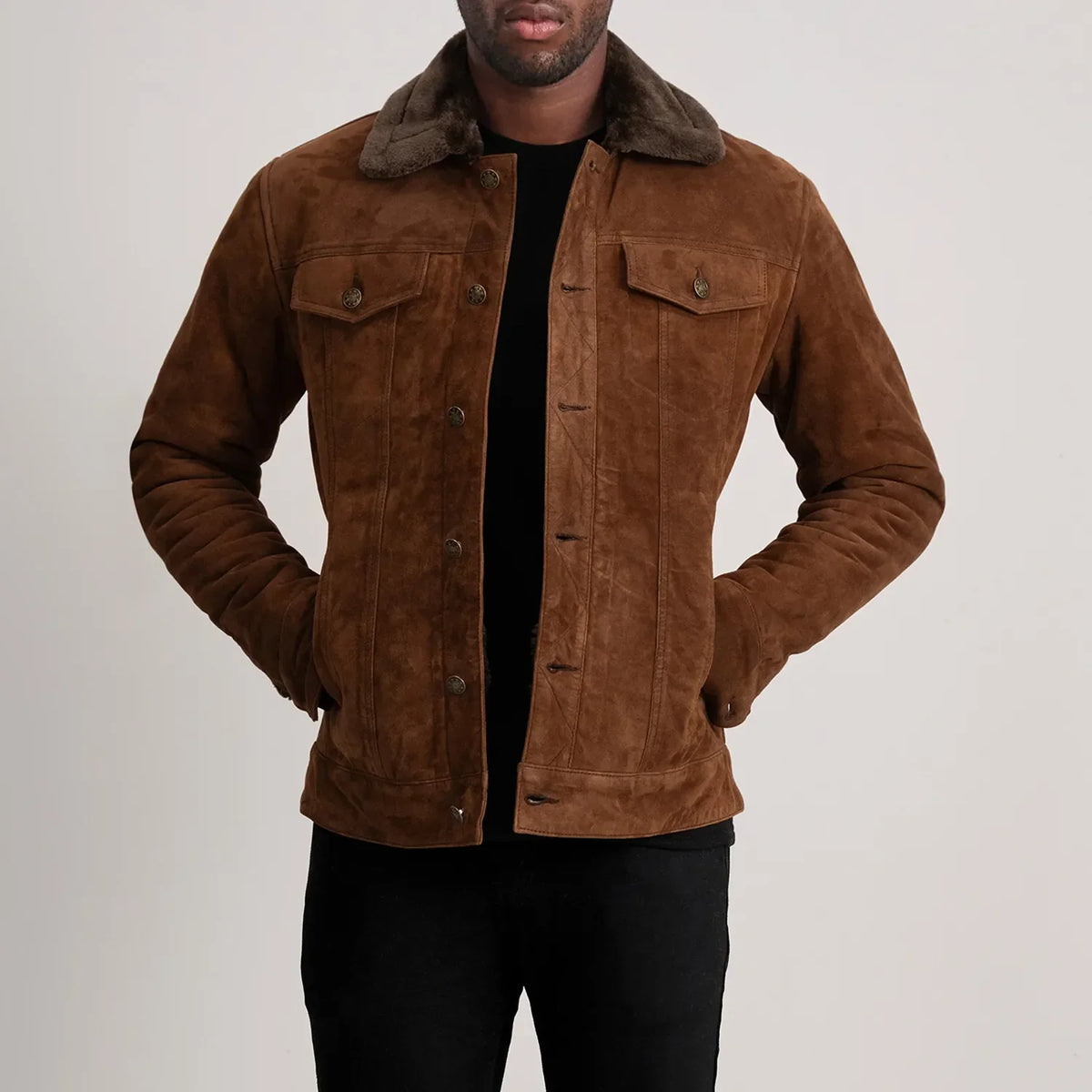 Dallis ブラウン Suede Shearling Trucker レザージャケット メンズ in Brown Goatskin Suede - Front Profile View &amp; Tailored Silhouette | Buy Online