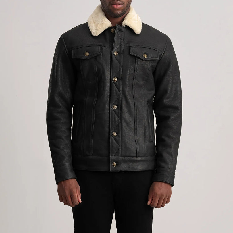 Dallis Distressed ブラック Leather Shearling Trucker レザージャケット メンズ