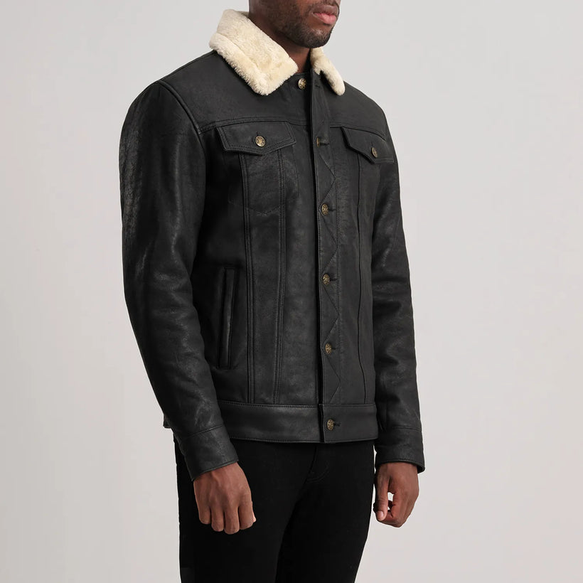 Dallis Distressed ブラック Leather Shearling Trucker レザージャケット メンズ