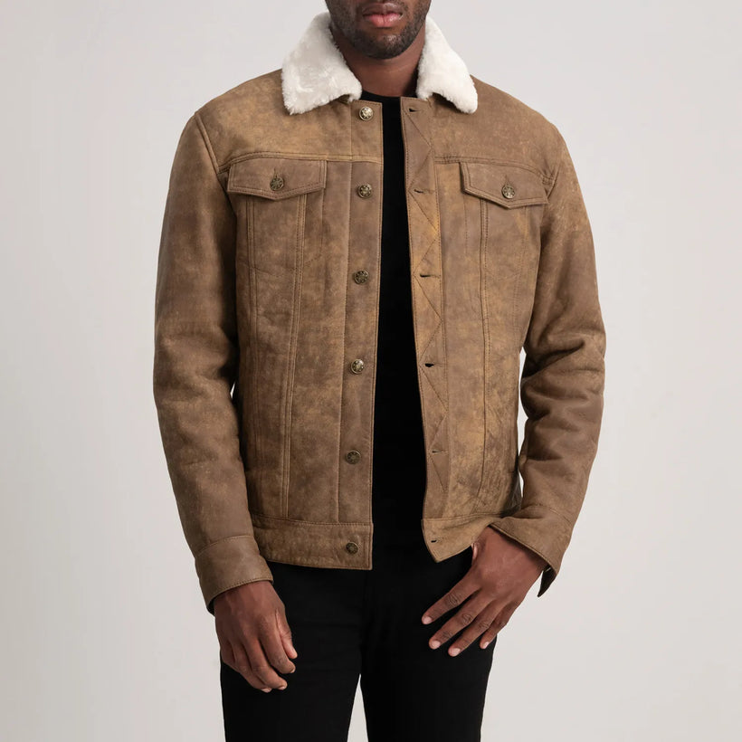 Dallis Distressed ブラウン Leather Shearling Trucker レザージャケット メンズ