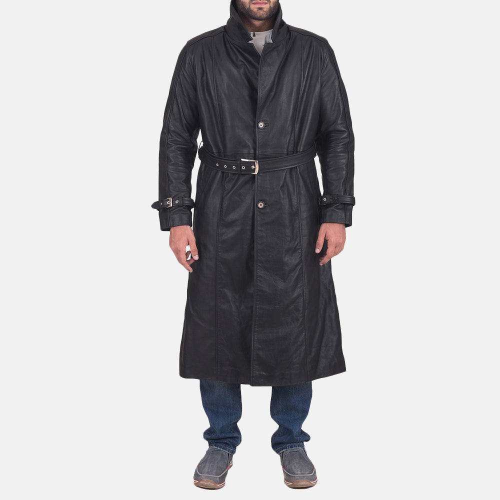 Men's Daniel ブラック レザートレンチコート メンズ in Black Cowhide Leather - Front Profile View &amp; Tailored Silhouette | Buy Online
