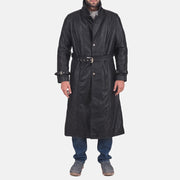 Men's Daniel ブラック レザートレンチコート メンズ in Black Cowhide Leather - Front Profile View &amp; Tailored Silhouette | Buy Online