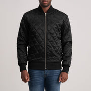 Danson キルティング ブラック Varsity レザージャケット メンズ in Black Satin - Front Profile View &amp; Tailored Silhouette | Buy Online