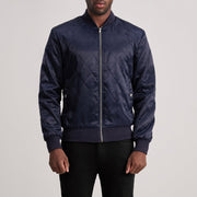 Danson キルティング ブルー Varsity レザージャケット メンズ in Blue Satin - Front Profile View &amp; Tailored Silhouette | Buy Online