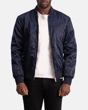 Danson キルティング ブルー Varsity レザージャケット メンズ - Lateral Side Profile View Showing Sleeve Cut &amp; Athletic Taper Fit