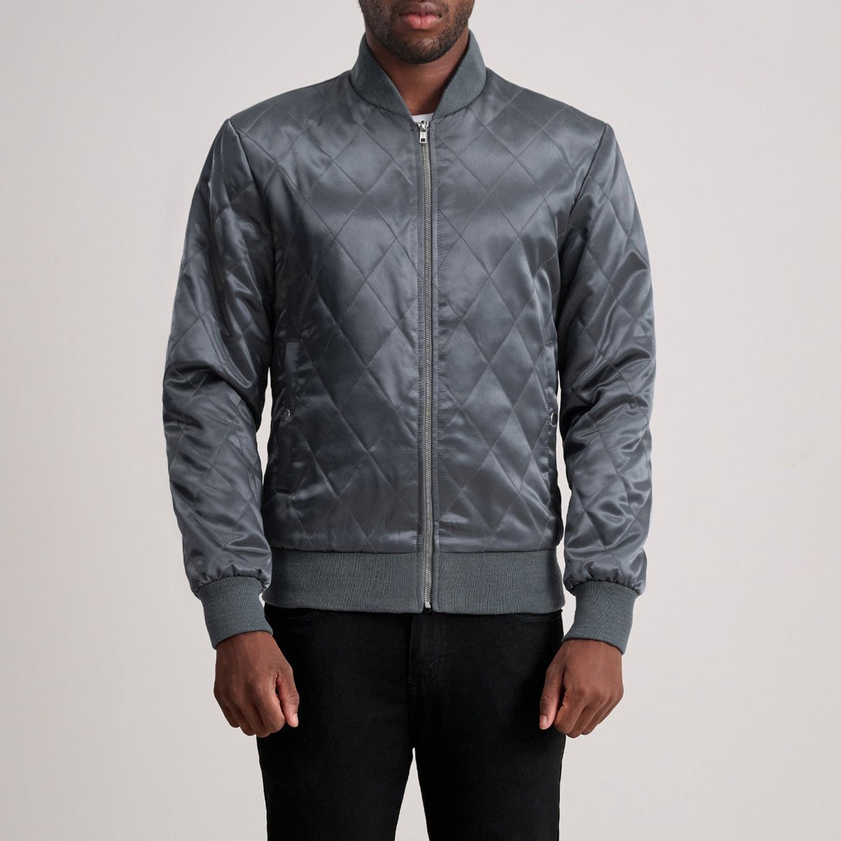 Danson キルティング Grey Varsity レザージャケット メンズ in Grey Satin - Front Profile View &amp; Tailored Silhouette | Buy Online