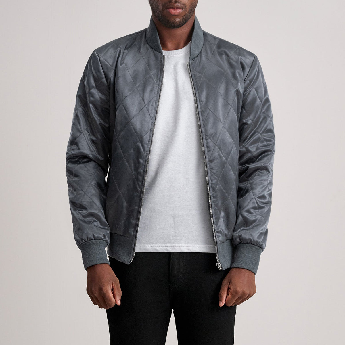 Danson キルティング Grey Varsity レザージャケット メンズ - Lateral Side Profile View Showing Sleeve Cut &amp; Athletic Taper Fit