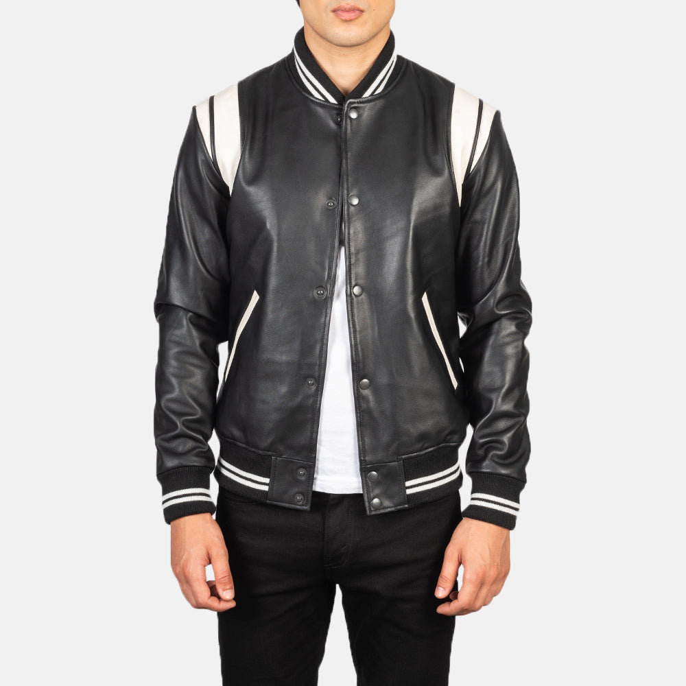Men's Dantee ブラック Leather Varsity レザージャケット メンズ in Black &amp; White Sheepskin Leather - Front Profile View &amp; Tailored Silhouette | Buy Online