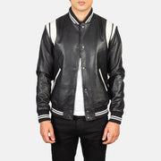 Men's Dantee ブラック Leather Varsity レザージャケット メンズ in Black &amp; White Sheepskin Leather - Front Profile View &amp; Tailored Silhouette | Buy Online