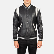 Close-Up Detail of Varsity &amp; Snap Buttons Hardware on Men's Dantee ブラック Leather Varsity レザージャケット メンズ
