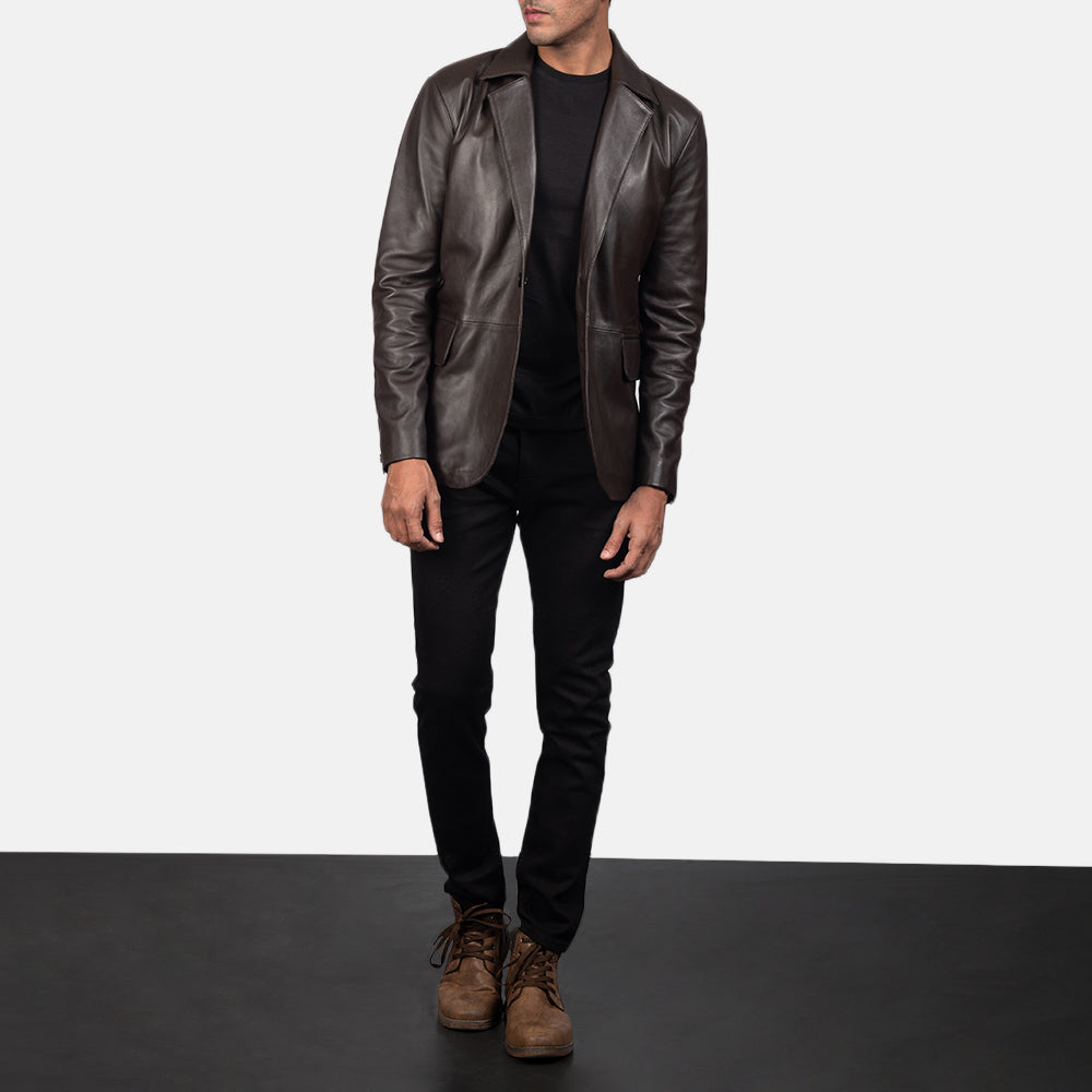 Daron ブラウン レザーテーラードブレザー メンズ - Lateral Side Profile View Showing Sleeve Cut &amp; Athletic Taper Fit