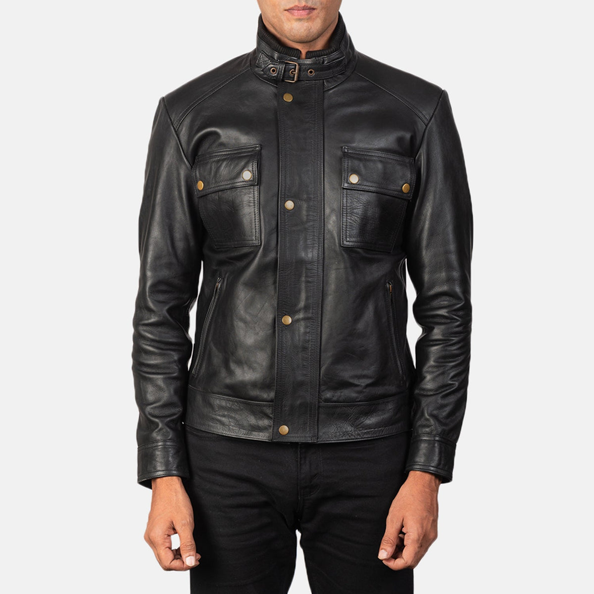 
Darren Black Leather Biker Jacket in Black 100% Full-Grain Leather - 正面スタイル＆テーラードシルエット | 公式オンライン通販