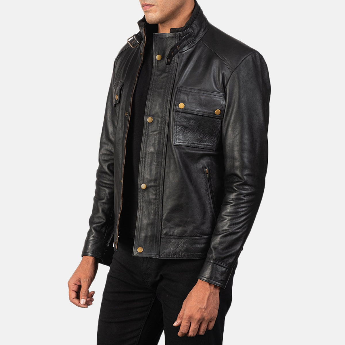 
Black 100% Full-Grain Leather Biker Jacket - 美しい肩のラインと裾の仕立てが際立つ背面ビュー