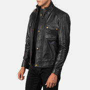 
Black 100% Full-Grain Leather Biker Jacket - 美しい肩のラインと裾の仕立てが際立つ背面ビュー