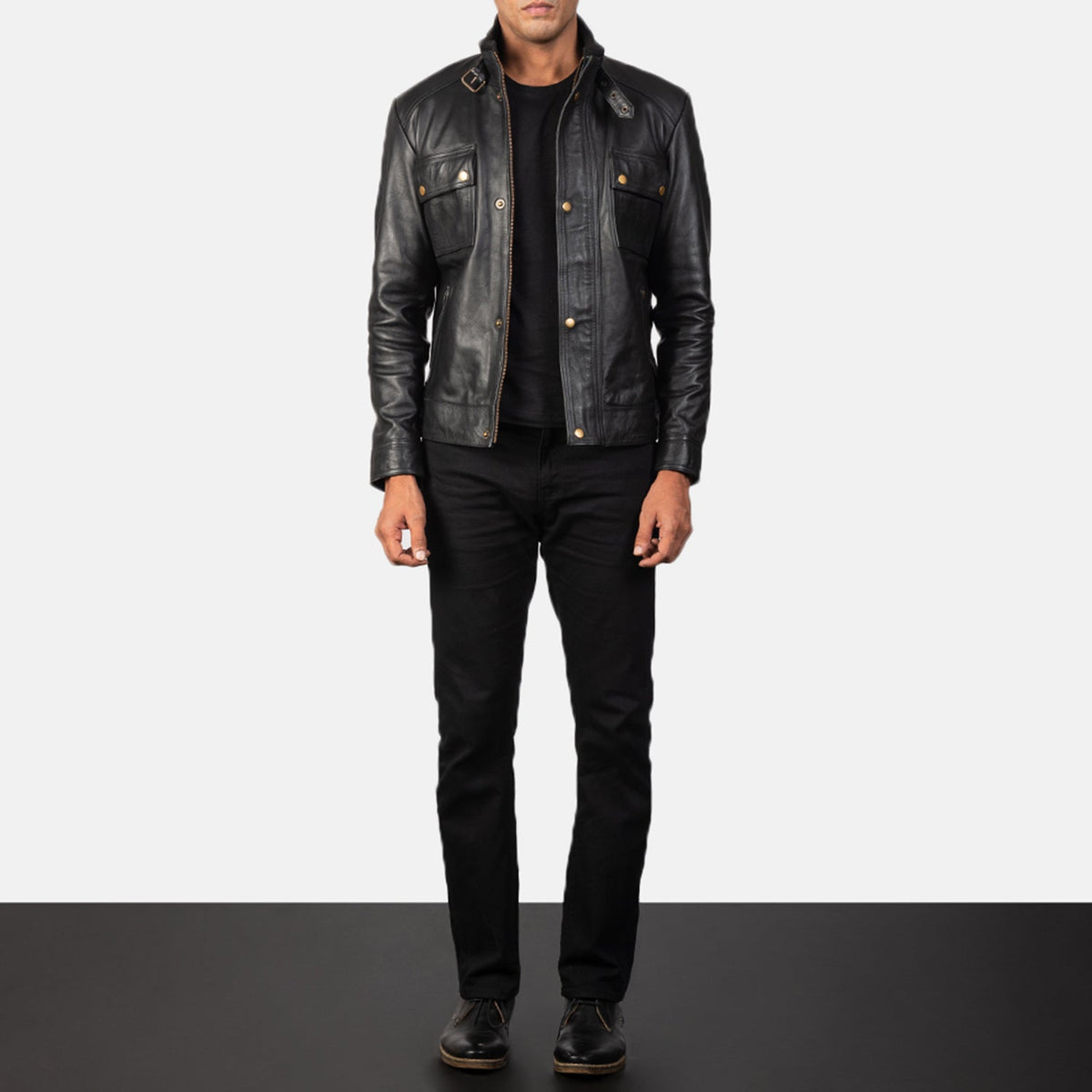 
クローズアップ詳細 of Classic Collar & Heavy-Duty Zipper Hardware on Darren Black Leather Biker Jacket