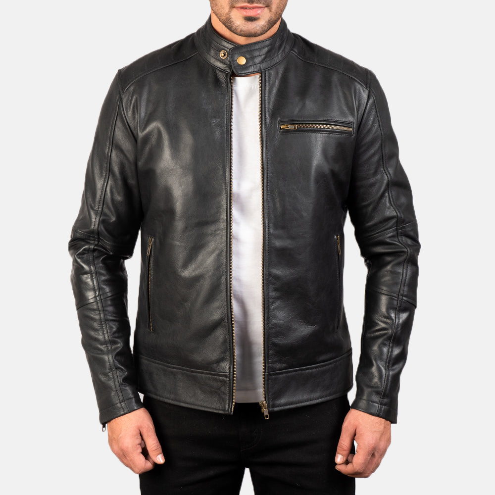 Dean ブラック レザーライダースジャケット メンズ in Black Cow Hide Leather - Front Profile View &amp; Tailored Silhouette | Buy Online
