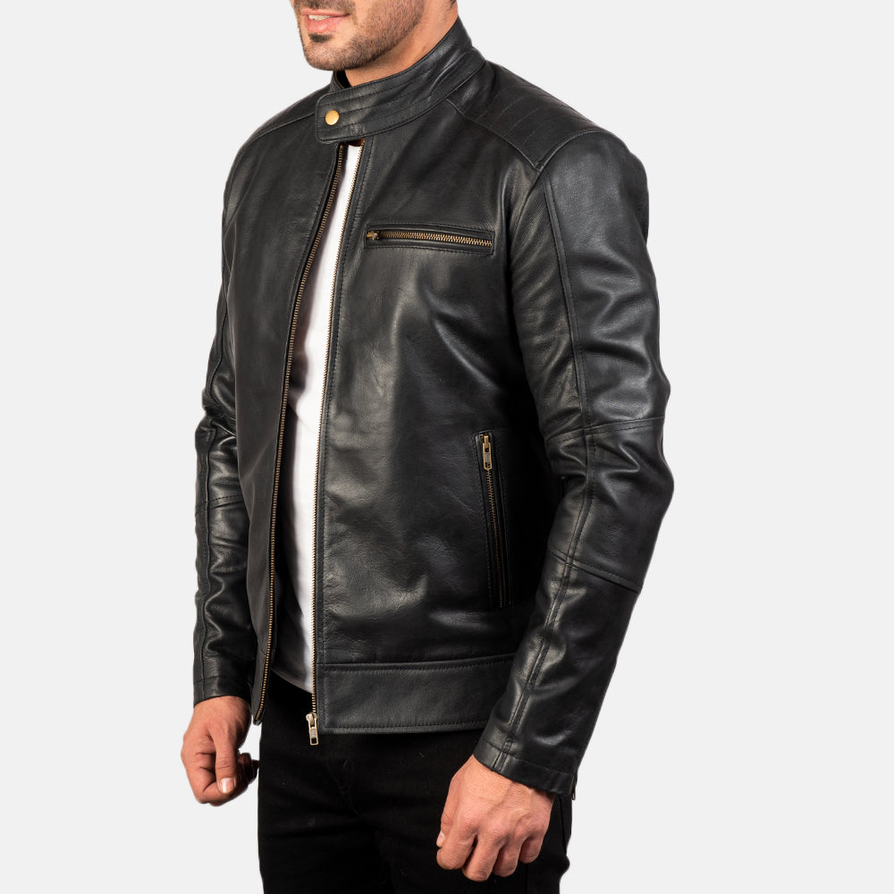 Dean ブラック レザーライダースジャケット メンズ - Back View Showing Tailored Shoulder Fit &amp; Clean Hemline