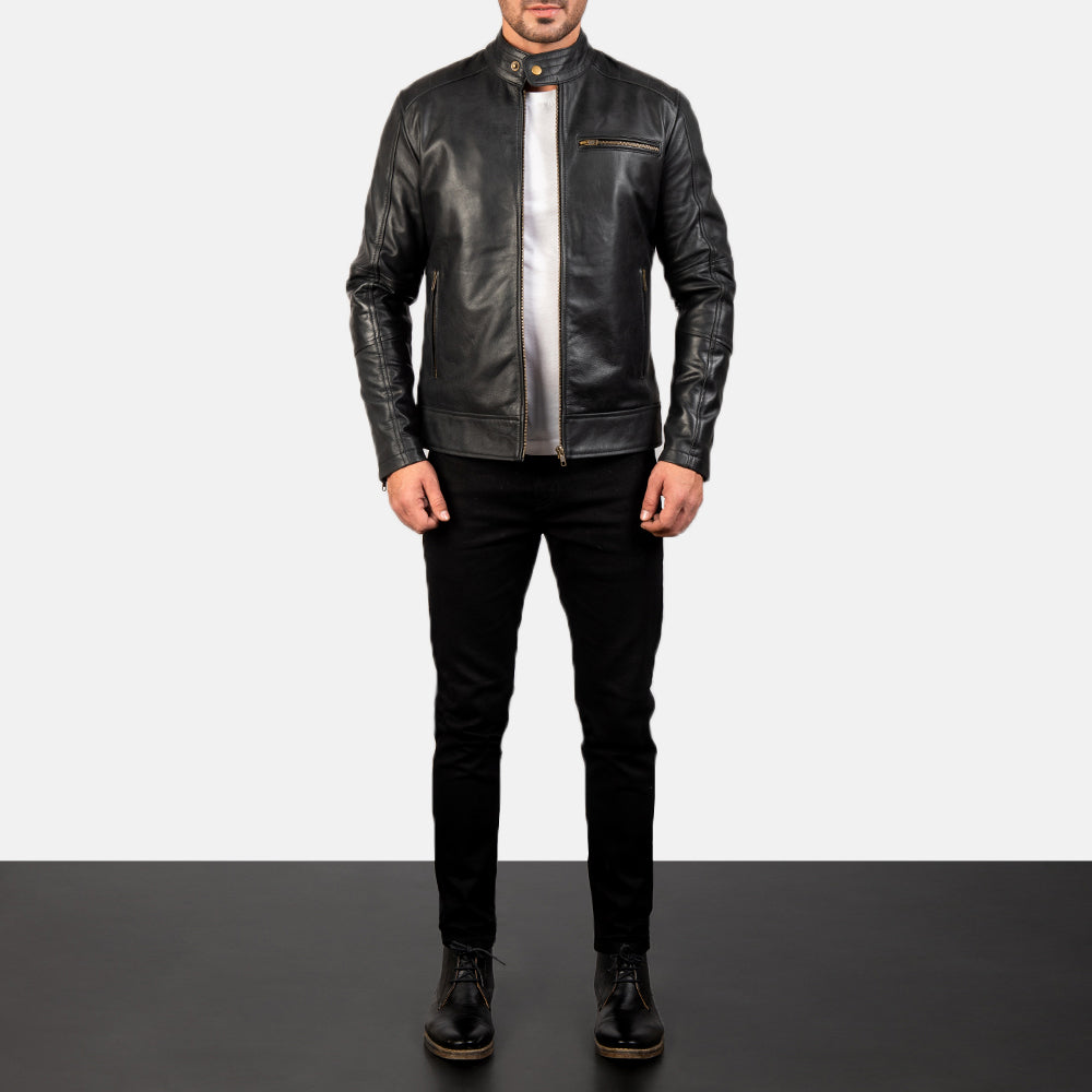 Dean ブラック レザーライダースジャケット メンズ - Lateral Side Profile View Showing Sleeve Cut &amp; Athletic Taper Fit