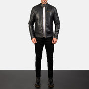 Dean ブラック レザーライダースジャケット メンズ - Lateral Side Profile View Showing Sleeve Cut &amp; Athletic Taper Fit