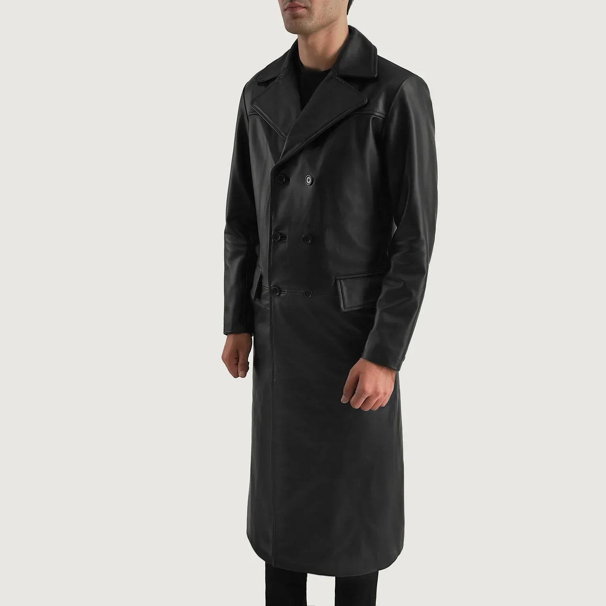 
Black Cowhide leather Coat - 美しい肩のラインと裾の仕立てが際立つ背面ビュー
