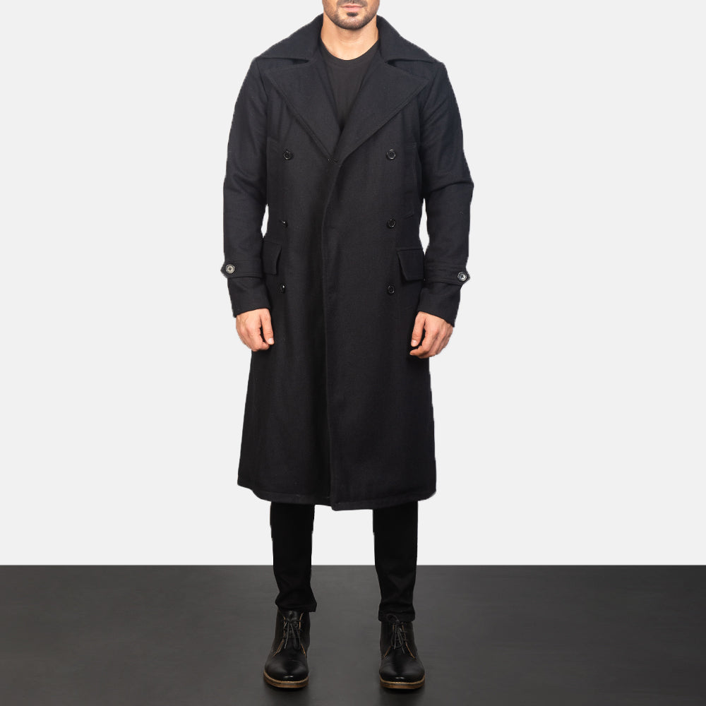 Men's Detective ブラック Wool レザーコート メンズ in Black Synthetic Wool - Front Profile View &amp; Tailored Silhouette | Buy Online