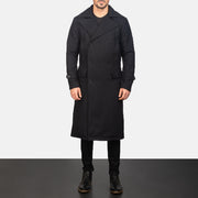 Close-Up Detail of Notch &amp; Button Hardware on Men's Detective ブラック Wool レザーコート メンズ