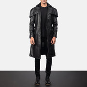 Men's Deux ブラック Leather Duster メンズ in Black Cowhide Leather - Front Profile View &amp; Tailored Silhouette | Buy Online