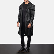 Men's Deux ブラック Leather Duster メンズ - Lateral Side Profile View Showing Sleeve Cut &amp; Athletic Taper Fit