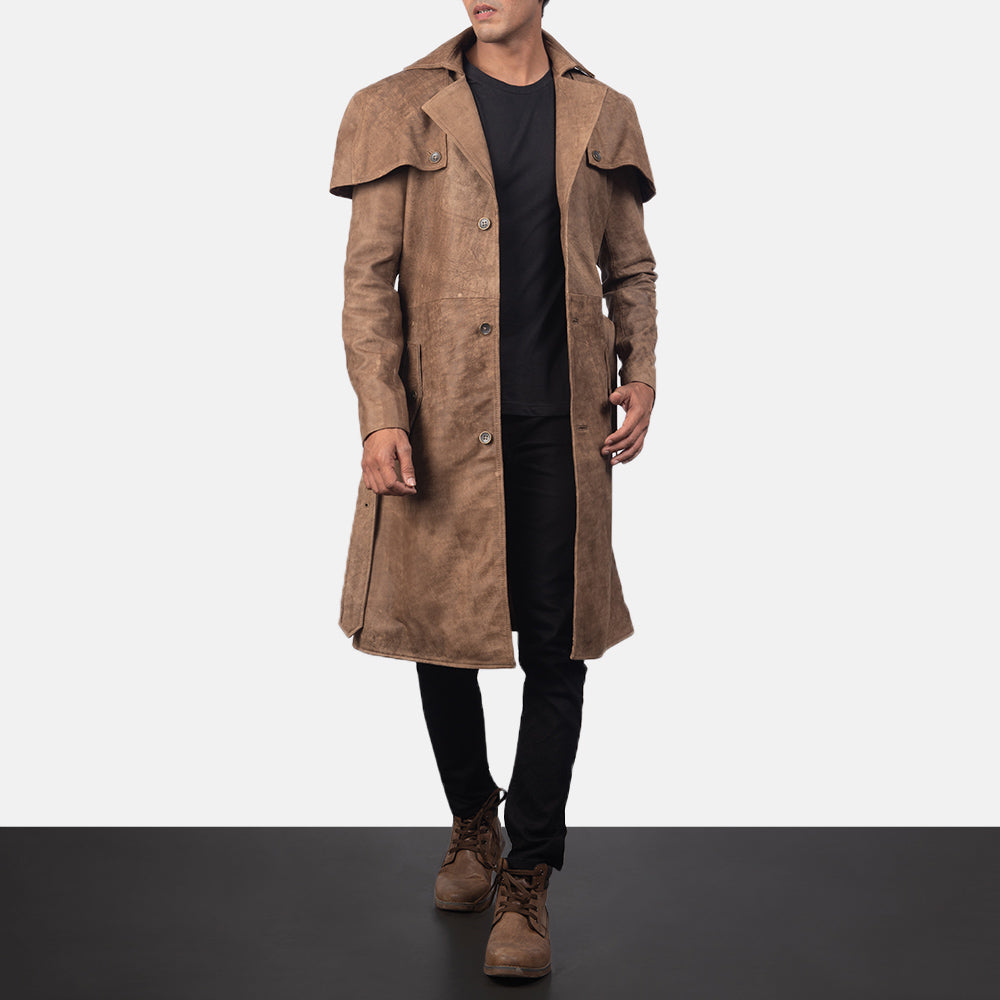 
Deux ブラウン Leather Duster メンズ in Distressed Brown Semi-Aniline Snuffed - 正面スタイル＆テーラードシルエット | 公式オンライン通販