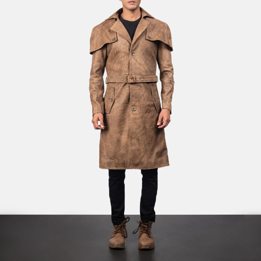 
クローズアップ詳細 of Classic Collar & Buttons + Belt Hardware on Deux ブラウン Leather Duster メンズ