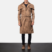 
クローズアップ詳細 of Classic Collar & Buttons + Belt Hardware on Deux ブラウン Leather Duster メンズ