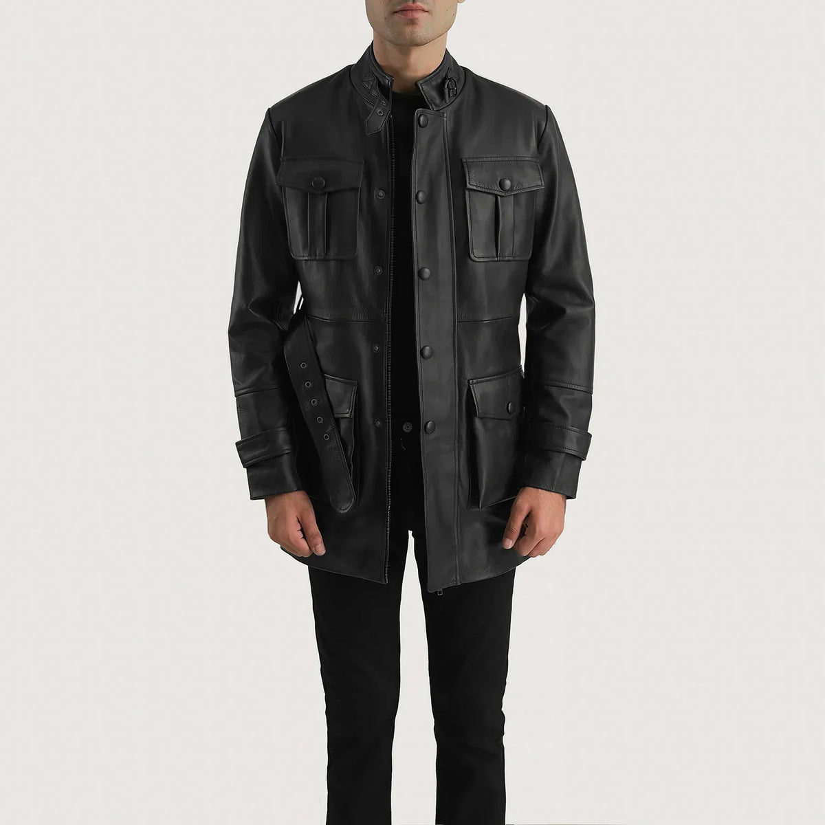 Dolf ブラック レザージャケット メンズ in Black Cowhide Leather - Front Profile View &amp; Tailored Silhouette | Buy Online