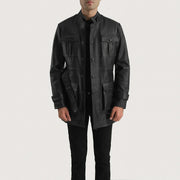 Dolf ブラック レザージャケット メンズ in Black Cowhide Leather - Front Profile View &amp; Tailored Silhouette | Buy Online