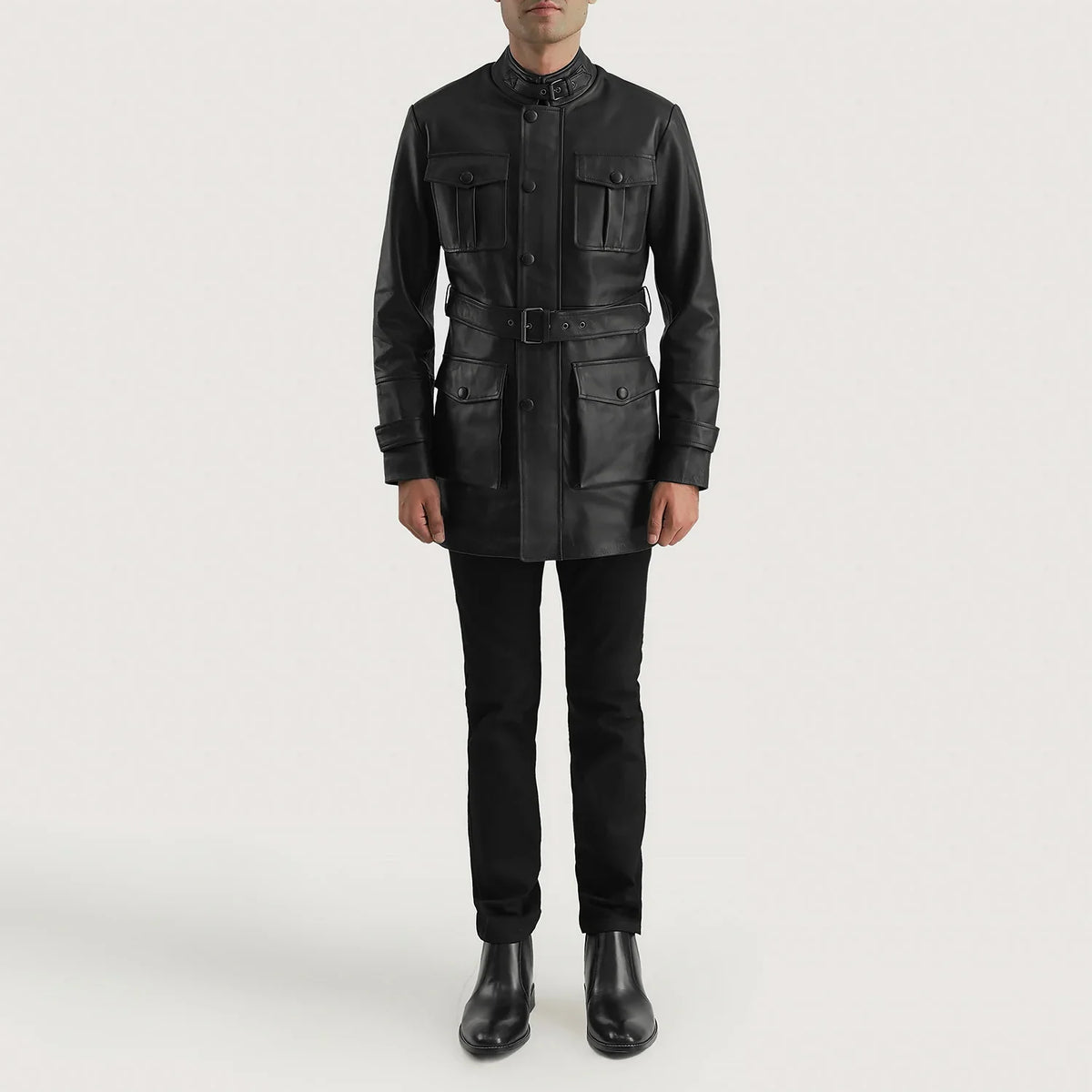 Dolf ブラック レザージャケット メンズ - Lateral Side Profile View Showing Sleeve Cut &amp; Athletic Taper Fit