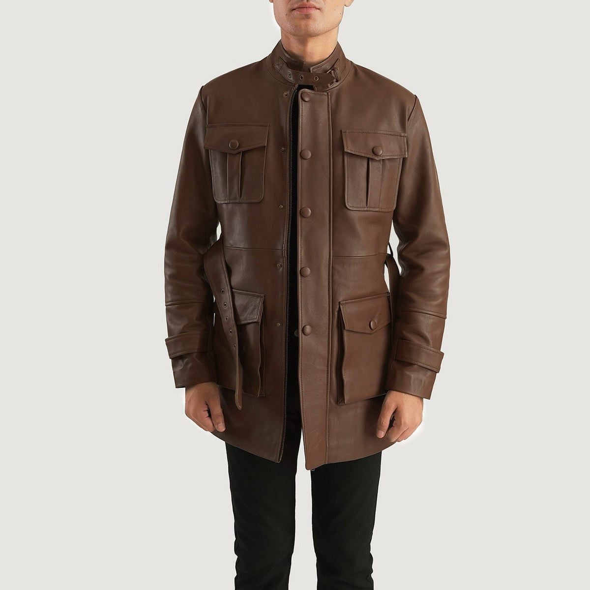 Dolf ブラウン レザージャケット メンズ - Lateral Side Profile View Showing Sleeve Cut &amp; Athletic Taper Fit